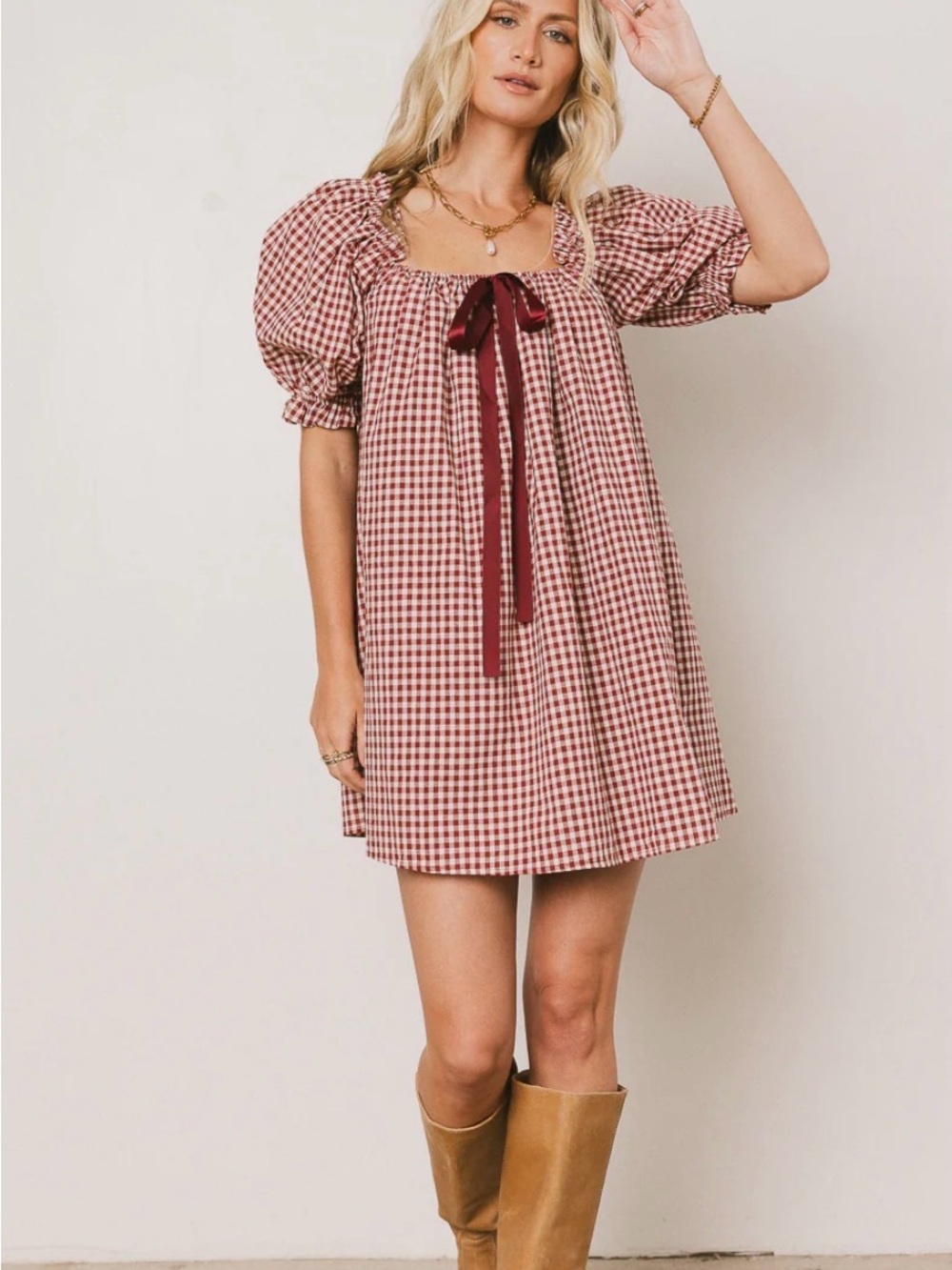 Amazon Red Gingham Puff-Sleeve Mini Dress with Burgundy Bow